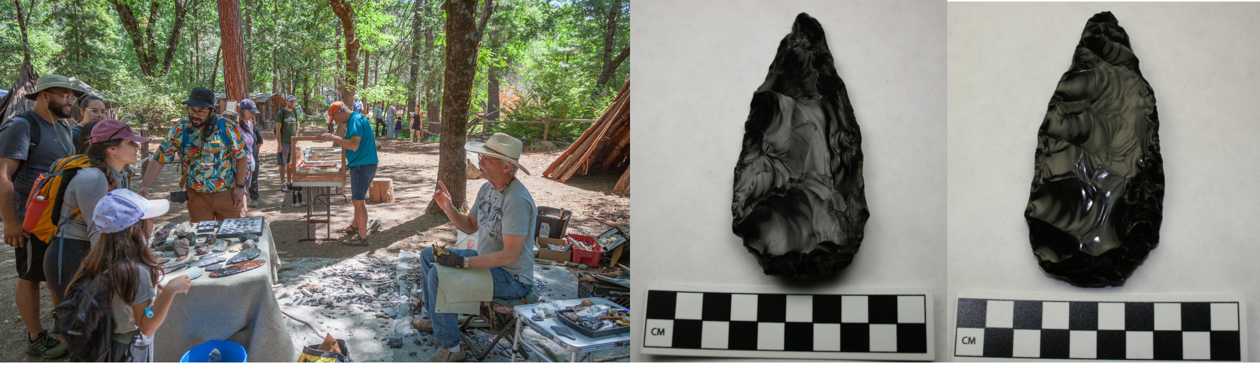 Two pictures next to each other. The left image depicts a person speaking to a group of visitors. He sits by a table covered with stone items. The right image depicts both sides of an oblong, flat black stone.