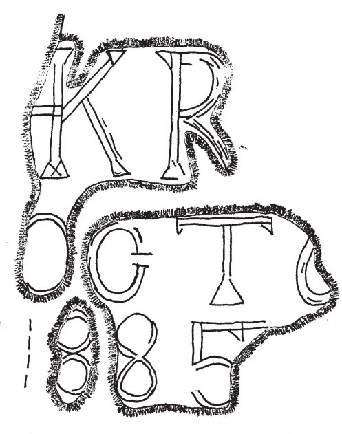 A black and white illustration of a partially visible arborglyph that reads "HKR Oct 6 1885"