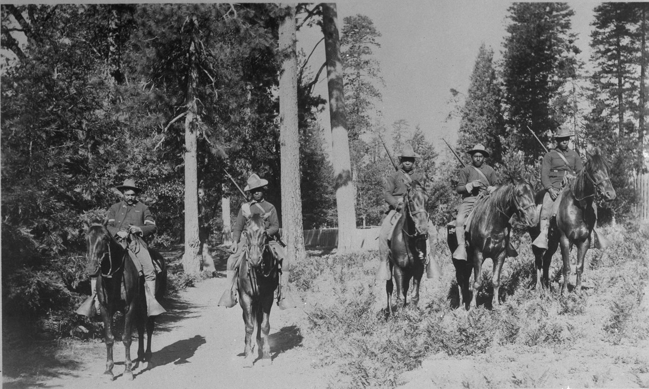 Five African-American mounted infantrymen on horseback in a forest