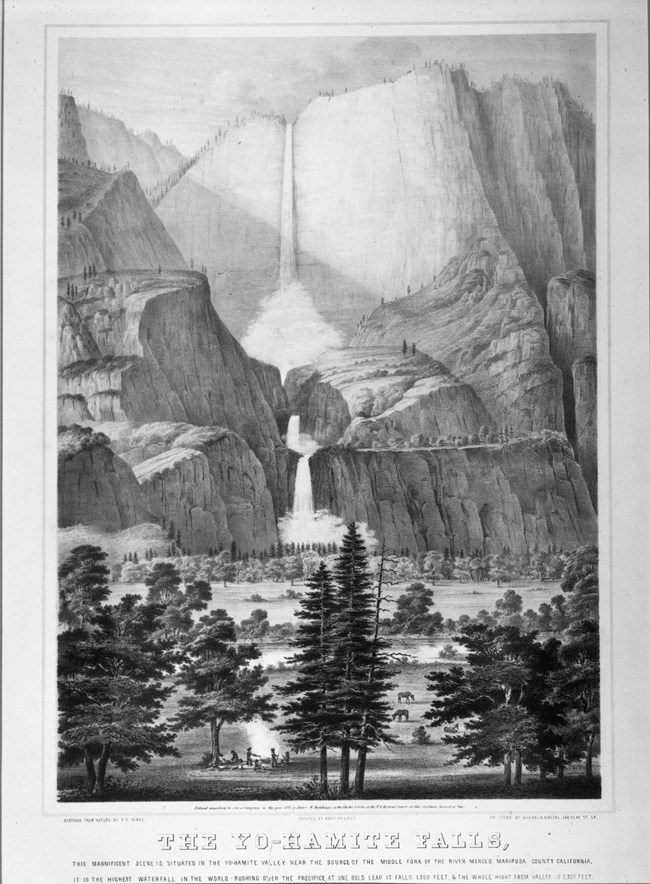 Black and white painting of a dramatic waterfall, Yosemite Falls, with a pastoral scene below