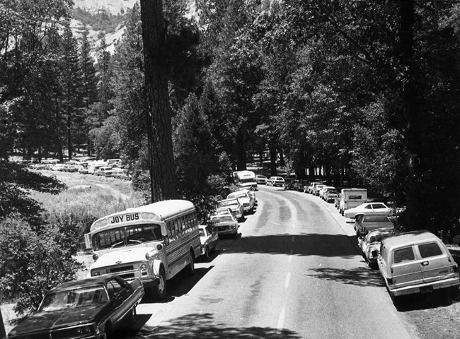 A long line of cars parked on both sides of a narrow road