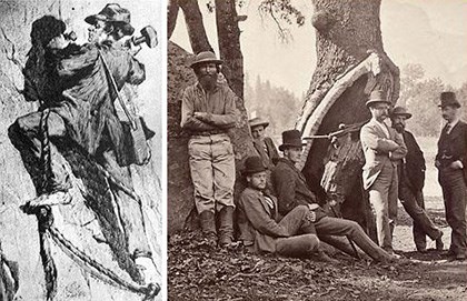 Left image, sketch of George Anderson ascending Half Dome while hammering in bolts, right photo of George, far left, with tour group
