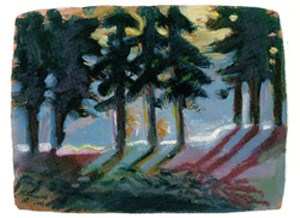 Richard Lopez, Brace of Winter Trees, oil stick/oil, 22 x 30.  Yosemite Museum Collection (YOSE 90233).