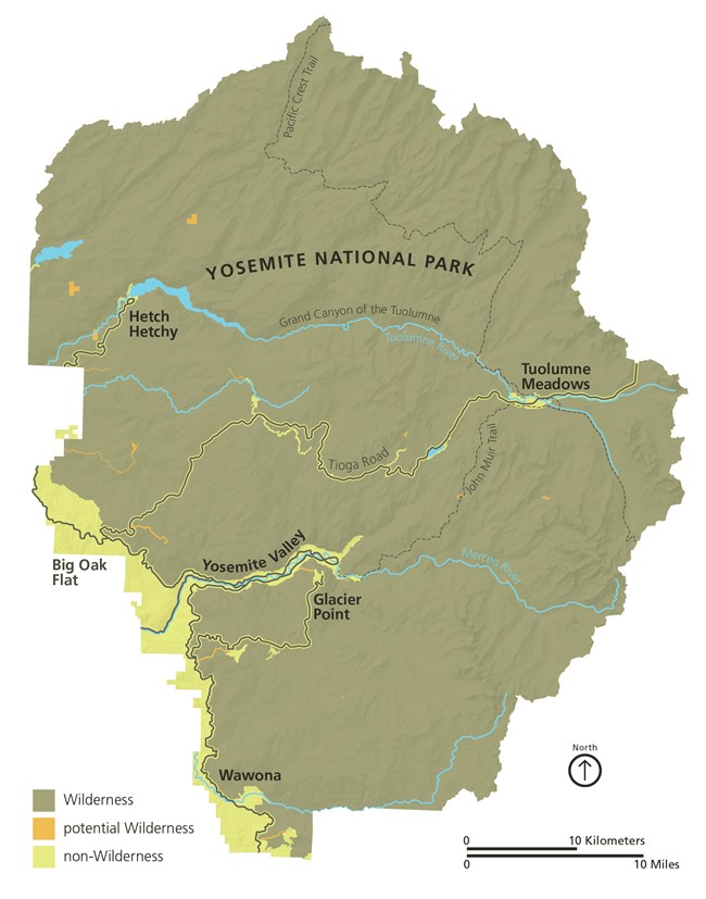 Map of Yosemite National Park showing 94% designated as wilderness, excluding part of Yosemite Valley and alongside roads