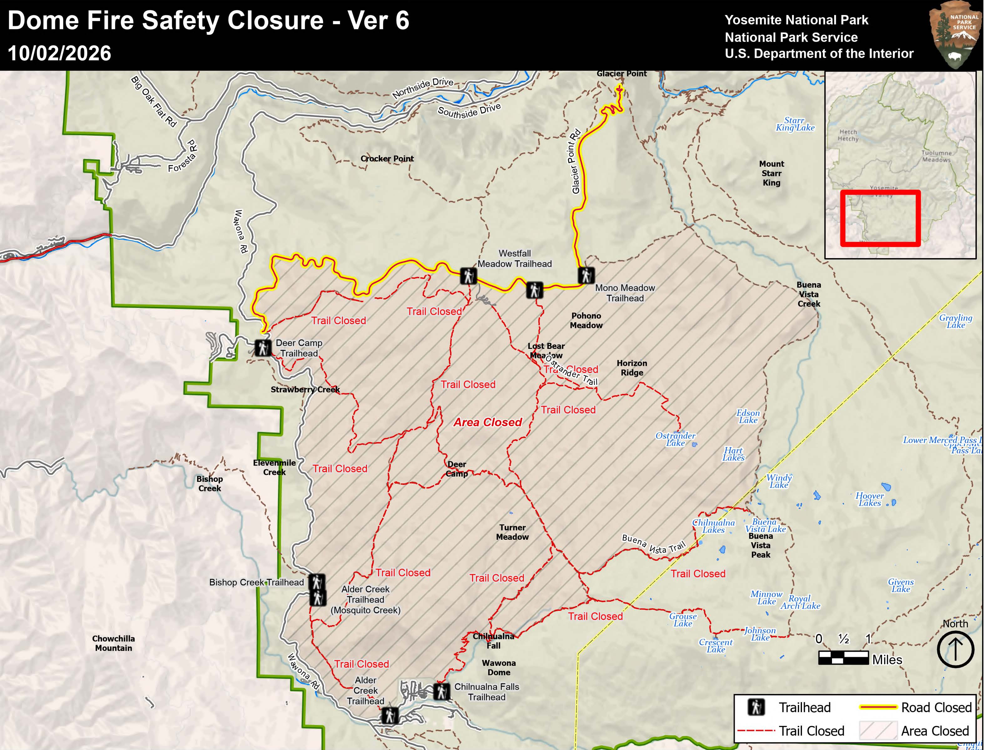 Map showing closed area east from Wawona Road, south from Glacier Point Road, north from Wawona, extending east to Buena Vista Lake (south of Mono Meadow trail)