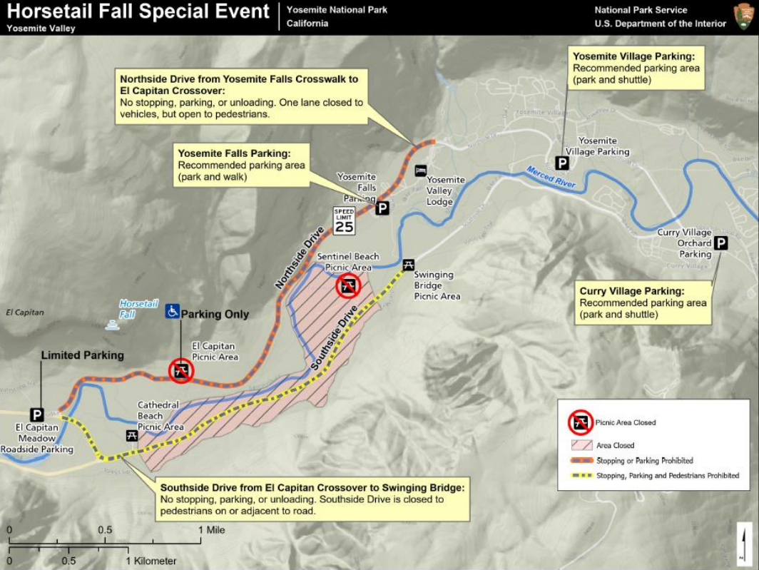 a map labeled "horsetail fall special event" showing recommended areas for parking and shuttling in yosemite village and curry village. Yosemite falls parking is recommended for parking and walking. Road restrictions on Northside and Southside drives.