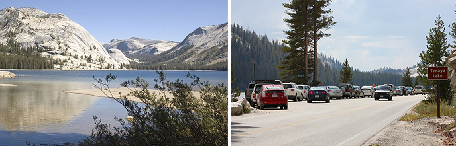 Tenaya Lake on the left, right photo shows excess cars in offroad parking near the lake