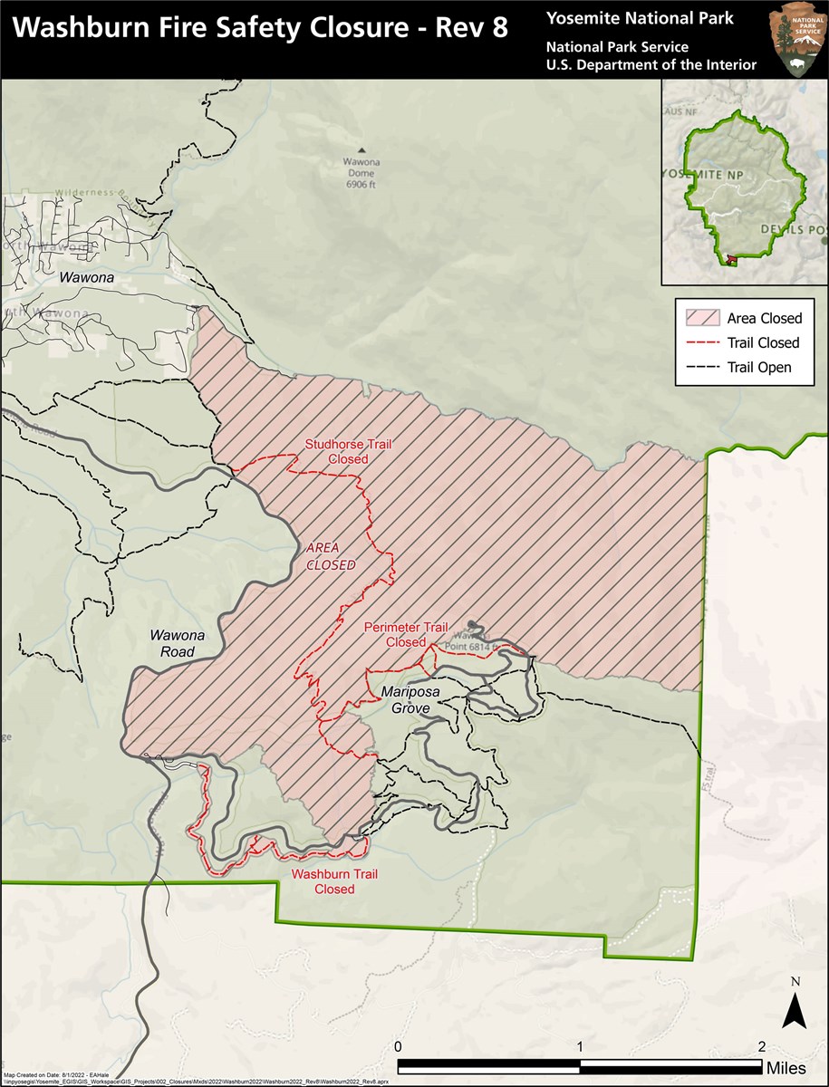 Map showing closed area approximately east of Wawona round and south of South Fork Merced River, bounded on the east and south by the Mariposa Grove, with the Washburn Trail and western Perimeter Trail also closed.