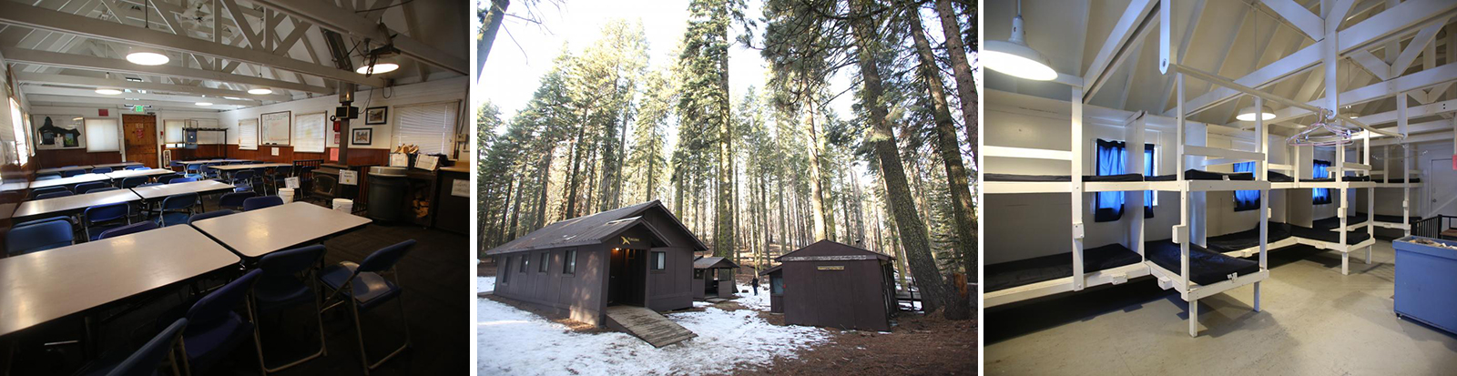 Interior pictures of table and bunk beds and a photo of the exterior; all of the Crane Flat Campus