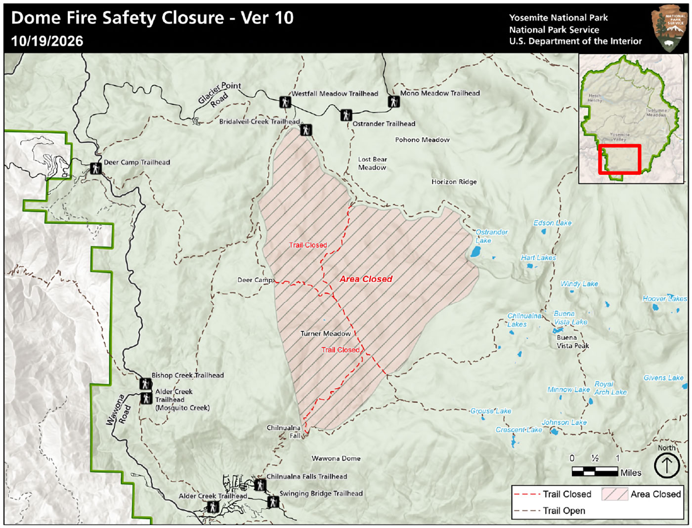 Map showing closed area east from Wawona Road, south from Glacier Point Road, north from Wawona, extending east to Buena Vista Lake (south of Mono Meadow trail)
