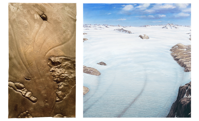 A bronze relief shows Yosemite Valley being formed. An illustration shows the same concept, showing a large glacier covering most of what was the valley.