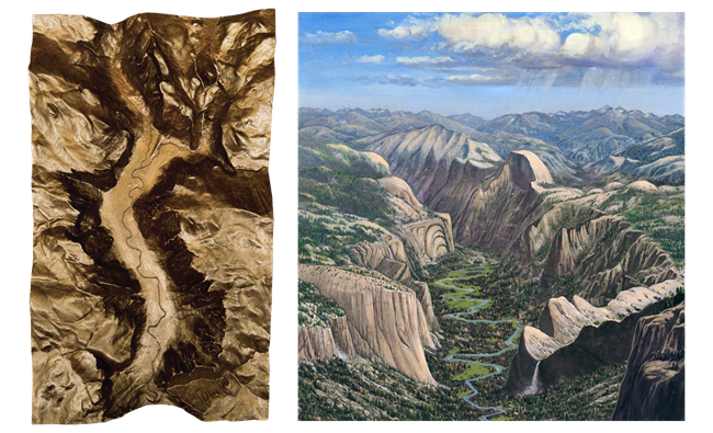 A bronze relief of Yosemite Valley as it looks now. An illustration depicting Yosemite Valley as it looks today.