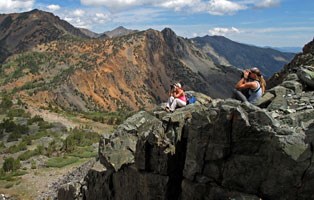 Biologists using binoculars to spot bighorn sheep in the mountains