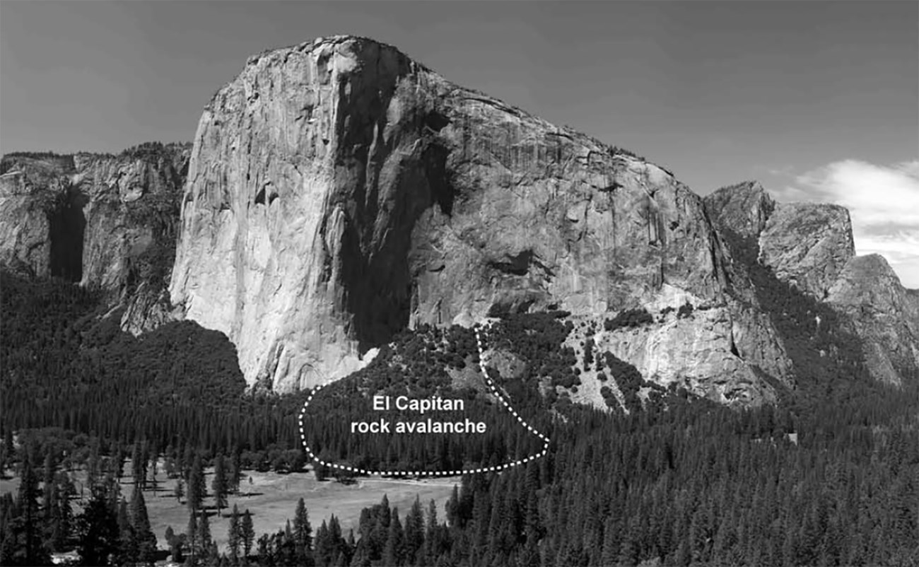 The southeast face of El Capitan, showing the location of the El Capitan rock avalanche