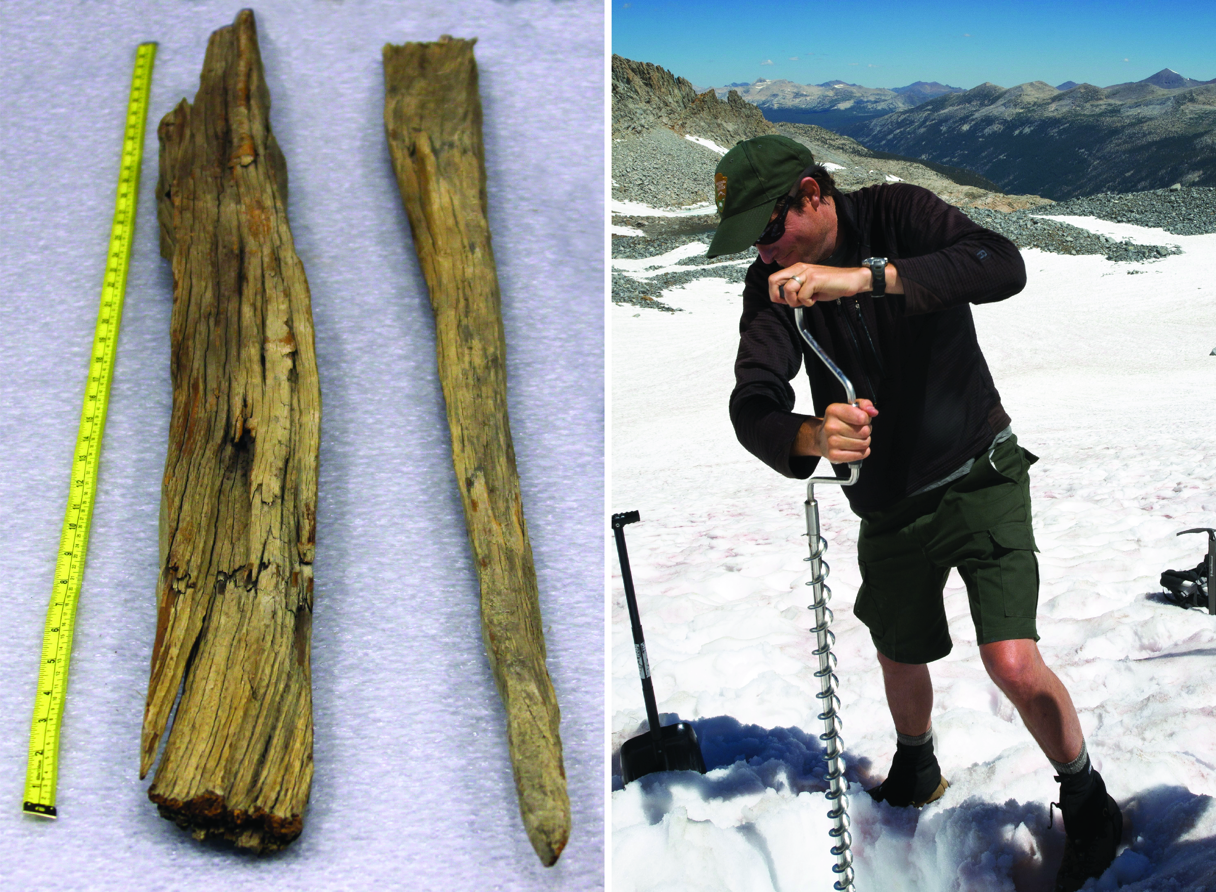Two photos, one shows old wooden stakes, the other shows a man drilling a metal pole into a glacier
