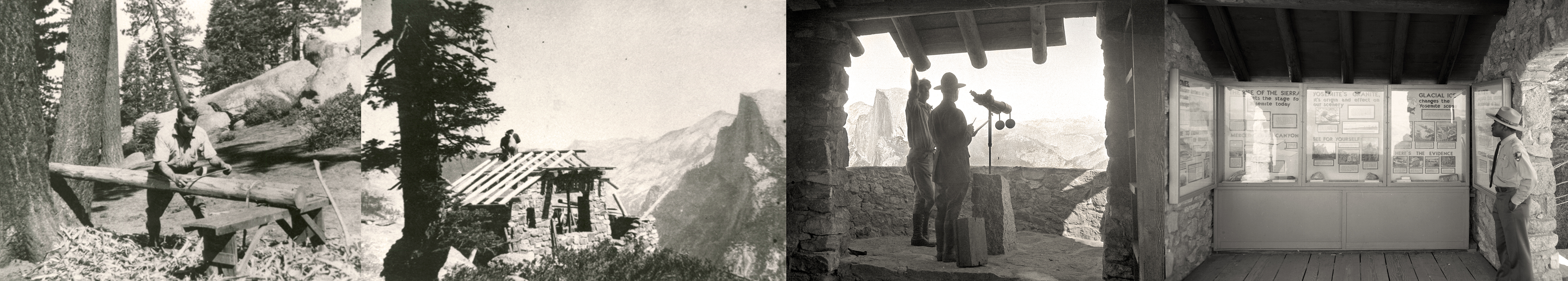 A man uses a saw to shave bark off of a large log. A man builds a roof of logs on a stone building overlooking Half Dome. Two men look through a binocular exhibit inside a stone building overlooking Half Dome. A man observes exhibits inside a building.