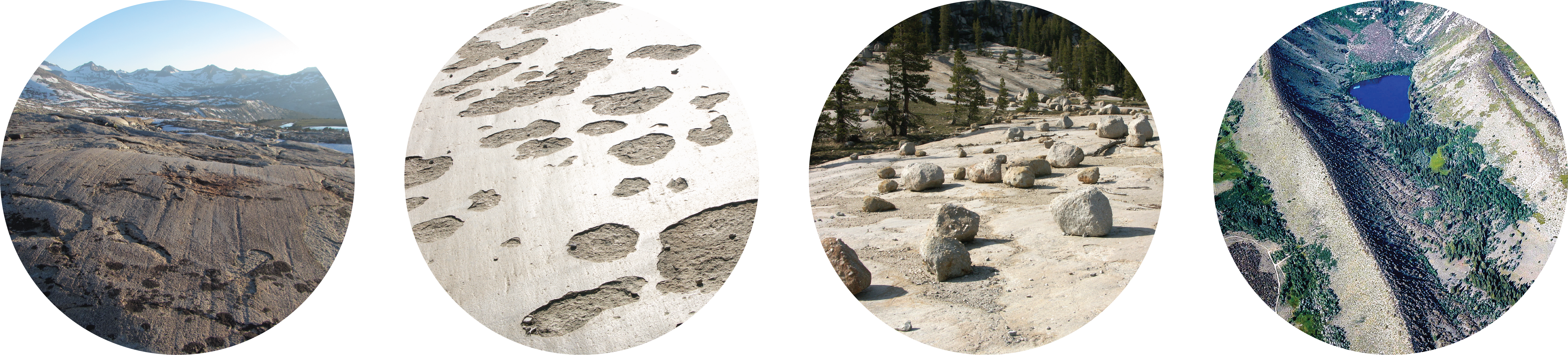 Four photos showing glacial striations, glacial polish, glacial erratics, and glacial moraines