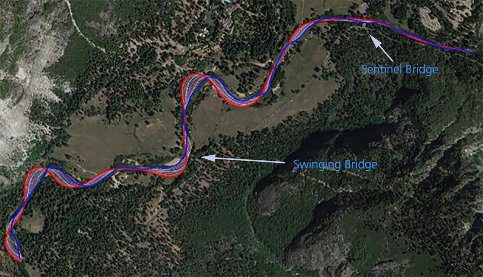 Meander migration patterns conceptual image; shows a conceptual meander migration pattern over 35 years with no restraints considered