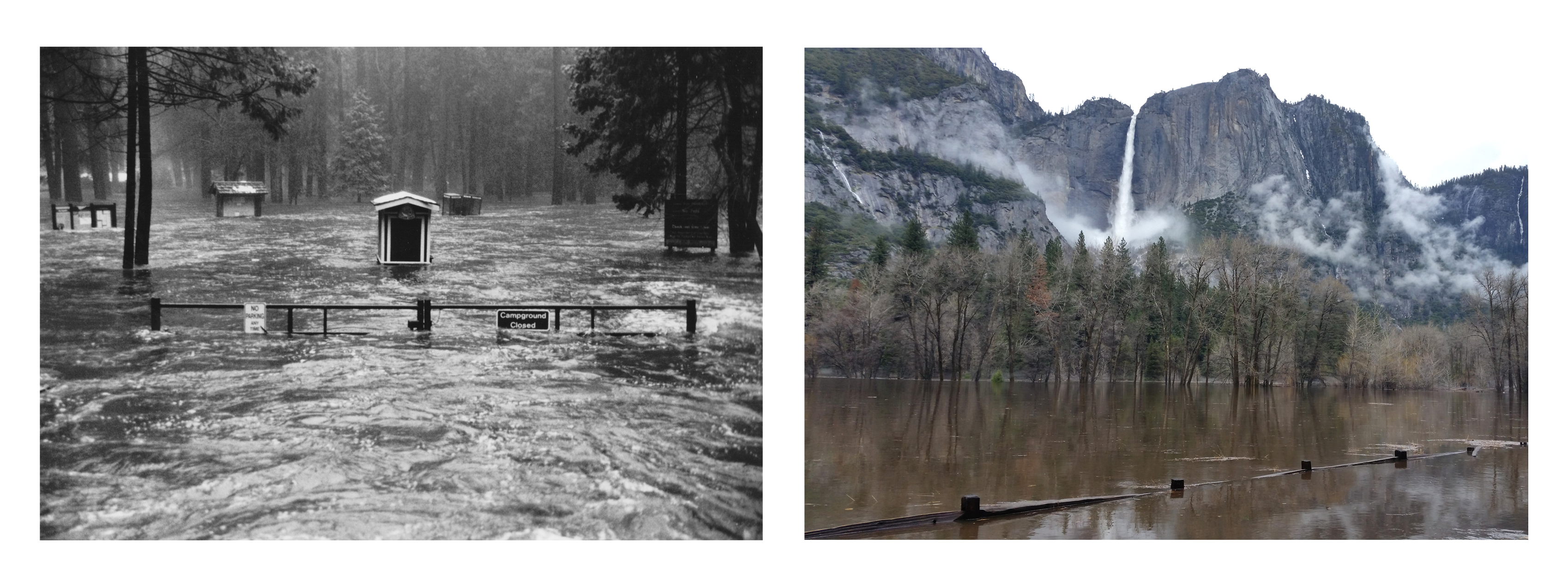A series of image. The first is a black and white image of a flooded campground. The second is a meadow completely flooded in water with Yosemite Falls cascading over a cliff in the distance.