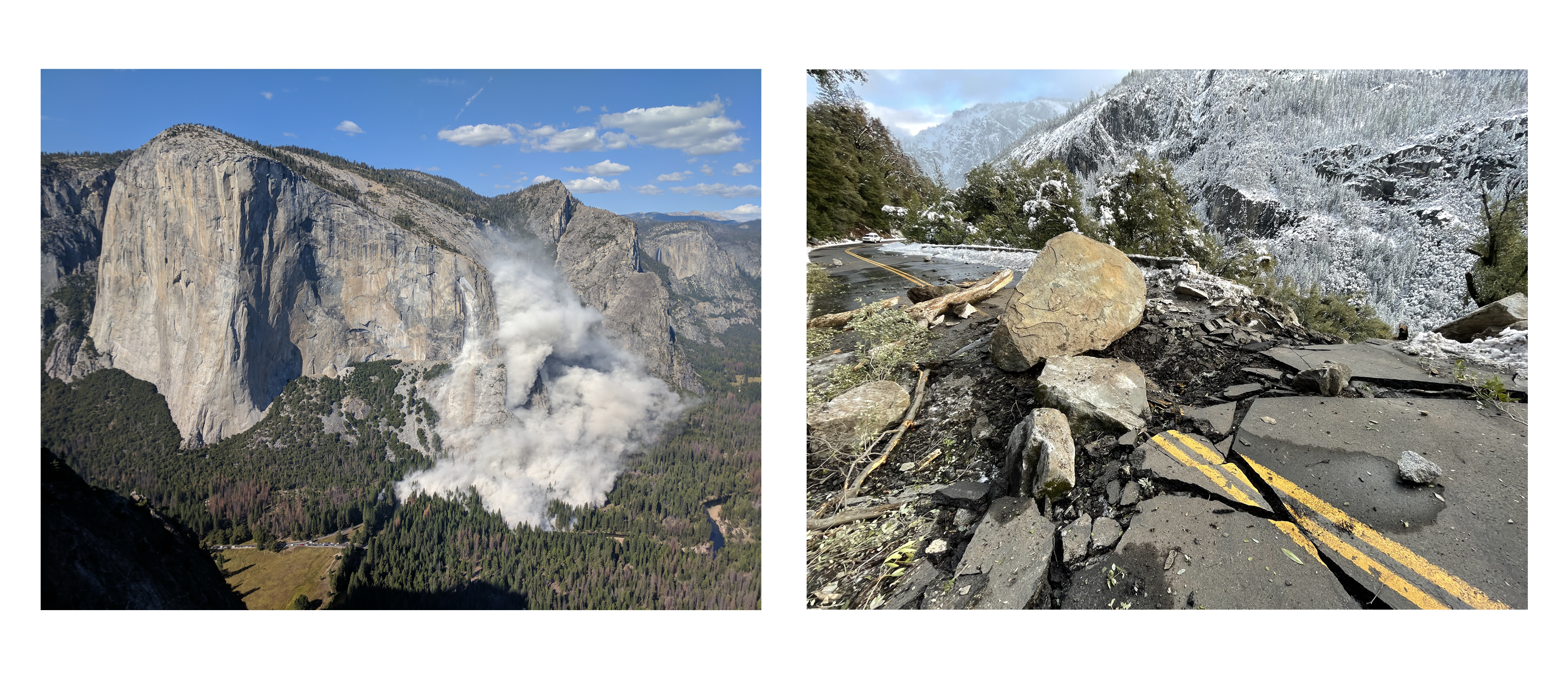 Two images of rockfalls, one of a cloud from a rockfall covering half of a massive granite monolith. The other is a debris field of rocks and dirt across a road.