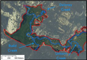 Map showing three creeks that feed Tuolumne Meadows