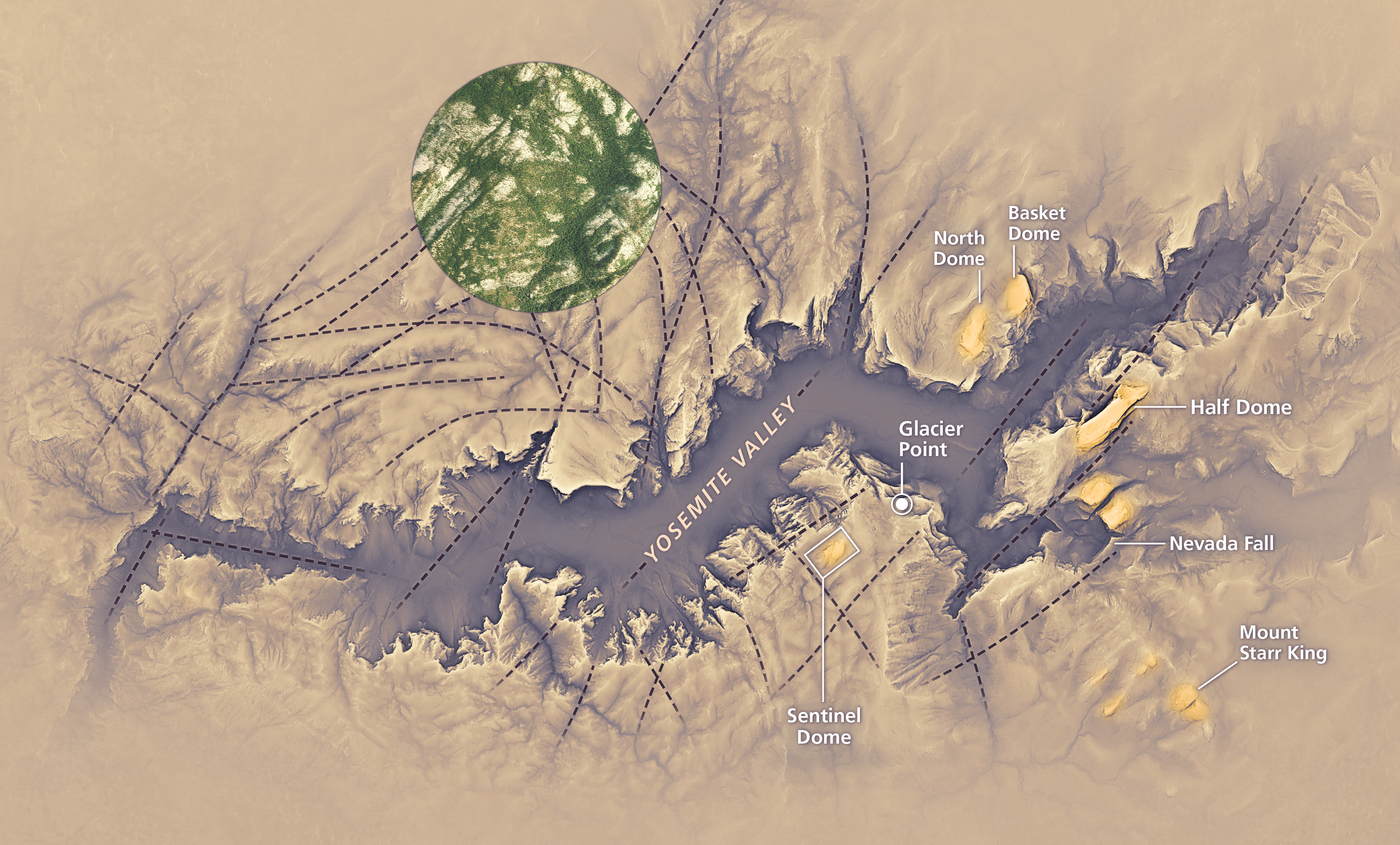 Map of Yosemite Valley highlighting the linear cracks in the rock, to which some cliffs align