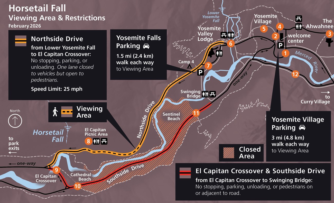 Map of Horsetail Fall viewing area and restrictions, as described in the webpage text.