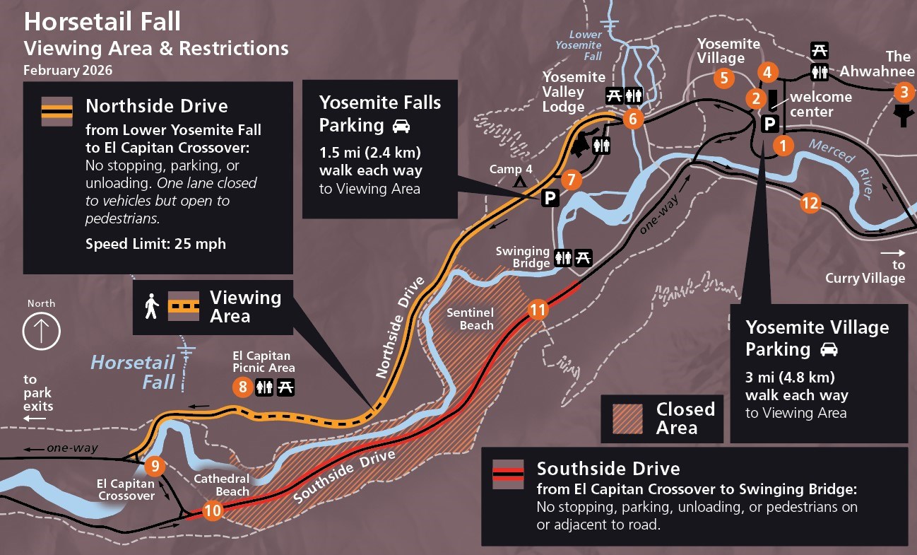 Map of 2026 Horsetail Fall viewing area, parking, and restrictions, as described on this webpage.