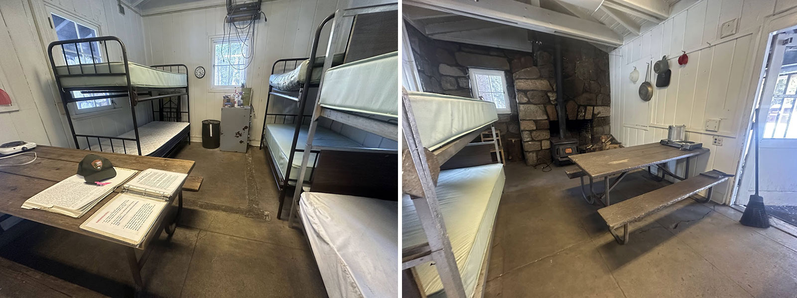Tuolumne Ski Hut interior photos with bunk beds and a picnic table.