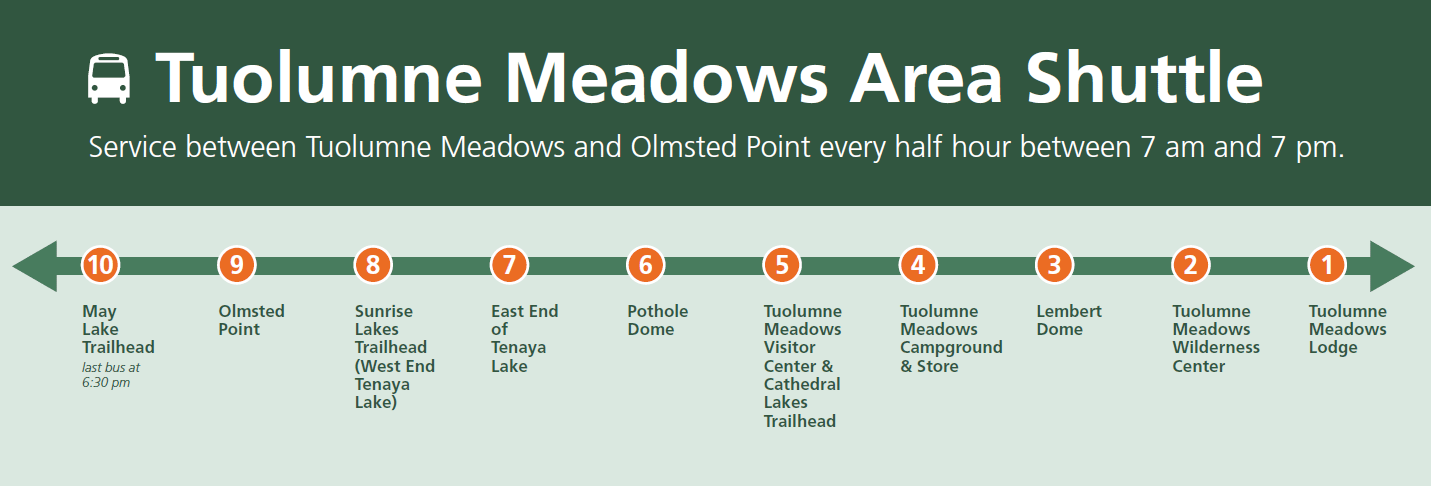 Linear graphic of Tuolumne Meadows Shuttle stops