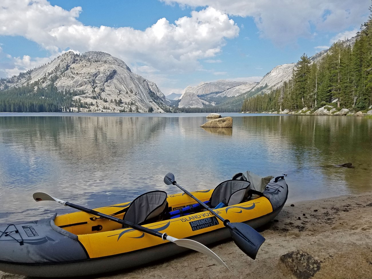 Tenaya Lake with inflatable kayak on shore