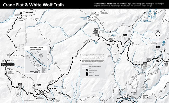 Detailed map of trails along Tioga Road, including the Crane Flat and White Wolf areas