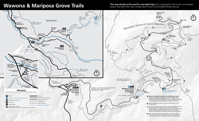 A detailed map includes roads, trails, and facilities in Wawona and the Mariposa Grove.