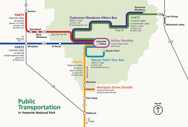 Simplified map showing transportation systems serving Yosemite, including YARTS service from outside the park into Yosemite Valley from Hwy 41, Hwy 140, Hwy 120 from the west, and Hwy 120 from the east, as well as Valley and Mariposa Grove shuttles