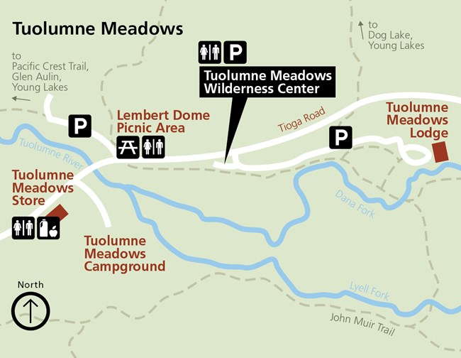 A map shows the location of the wilderness center in Tuolumne Meadows.