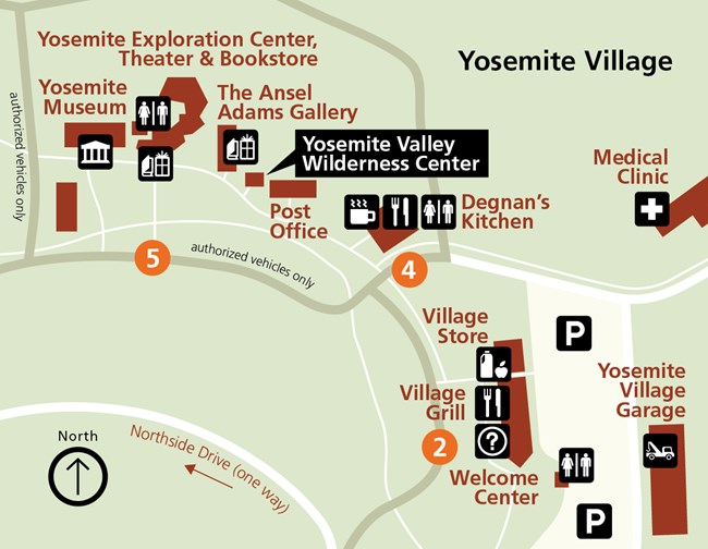 A map shows the location of the wilderness center in Yosemite Village.