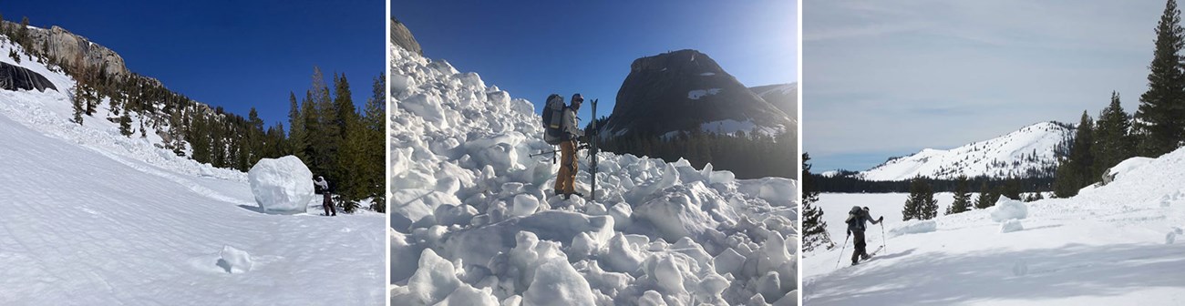 Left image: Giant Roller ball east of Tenaya Lake, Tioga Road on April 24, 2023; Middle: Avalanche on Tioga Road near Pywiak Dome on April 24, 2019; Right: Avalanches at Tenaya Lake and Olmsted Point on January 30, 2017.