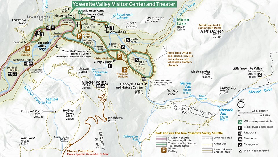 Map showing bike paths in Yosemite Valley