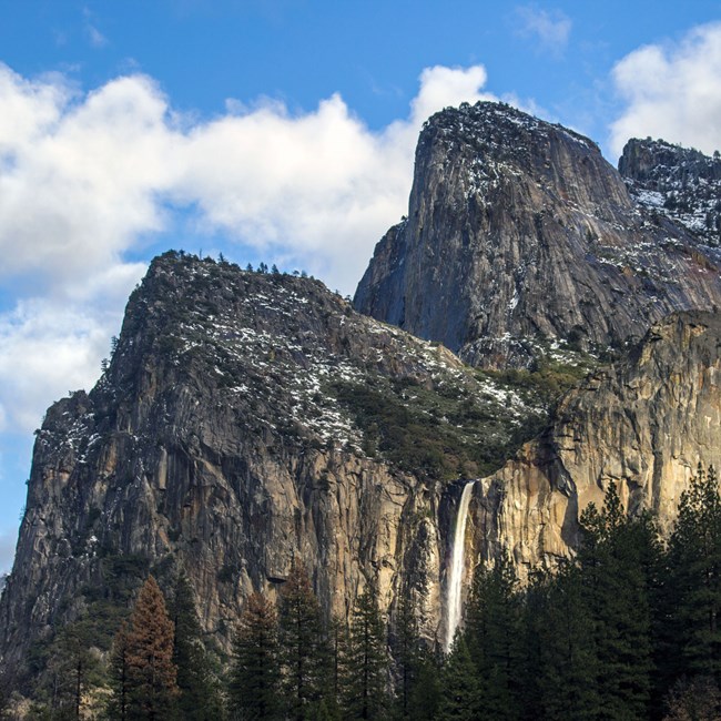 Bridalveil Fall rising from the trees