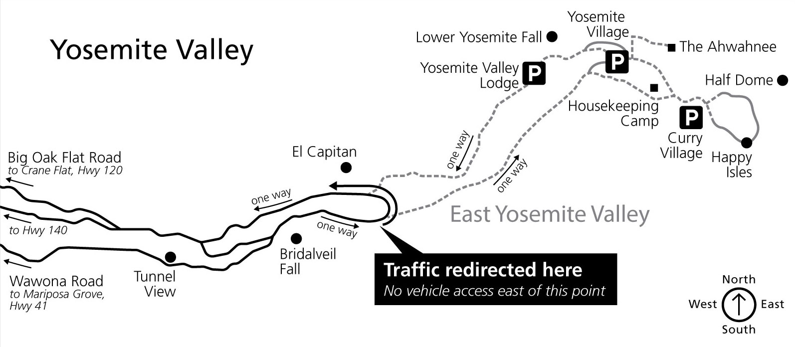 Map showing traffic being turned around in western Yosemite Valley, near El Capitan, with no access to eastern Yosemite Valley