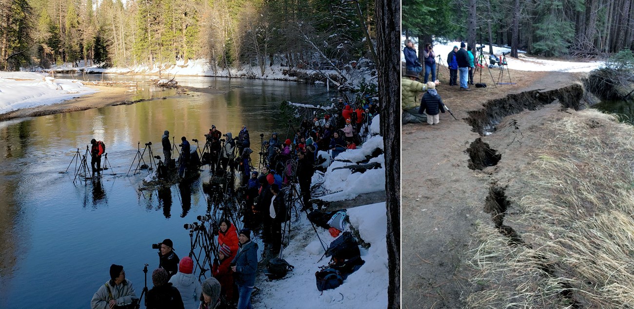 Photo on left shows people with tripods standing in river; photo on right shows a riverbank detaching and beginning to fall into the river