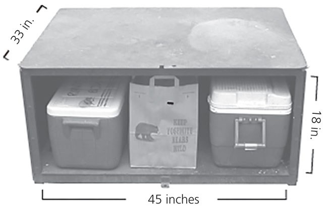 Food locker the opening of which measures 33 inches deep, 45 inches wide, and 18 inches tall