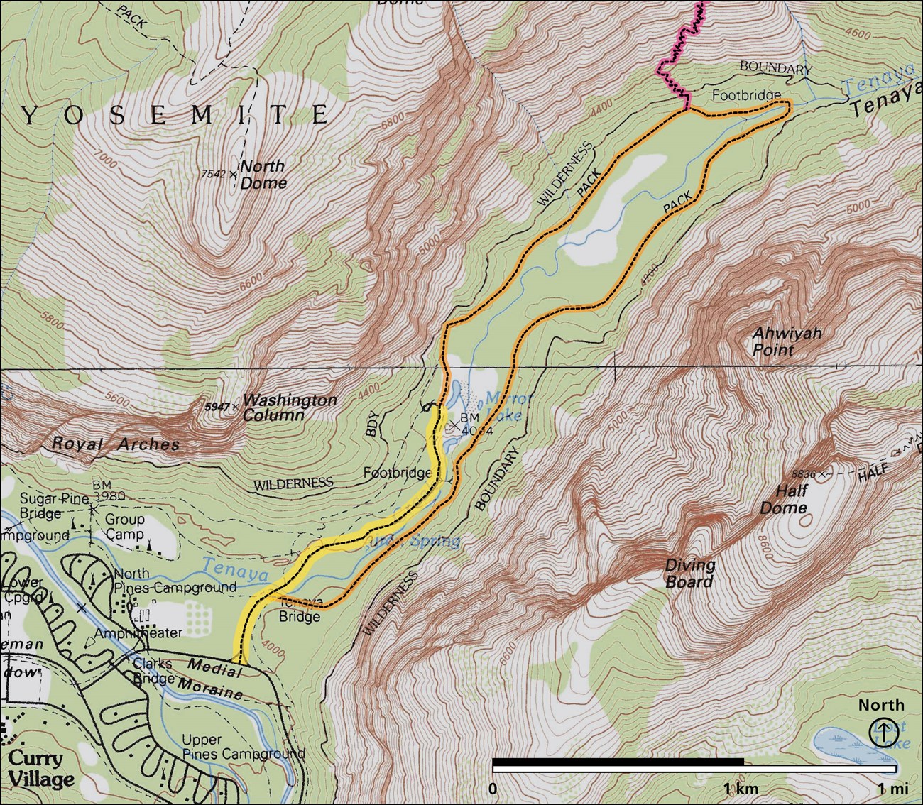 Map showing mostly flat five-mile trail around Mirror Lake