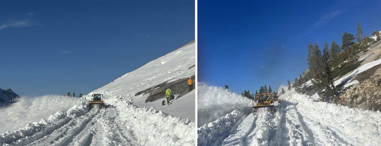 Two photos of rotary plows/blowers plowing through snow