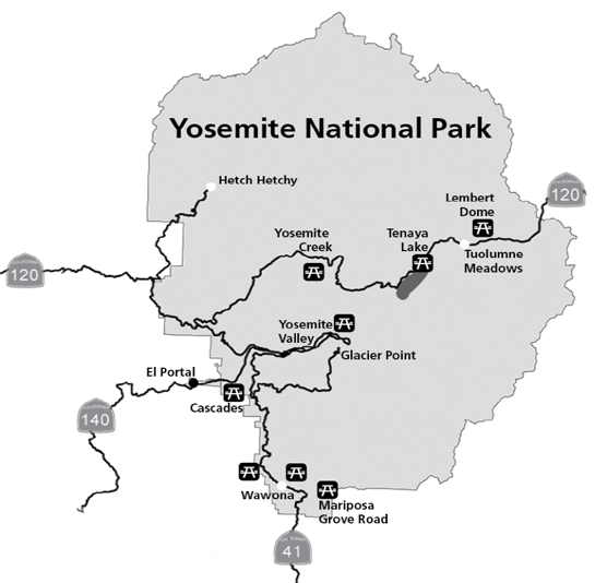 Map of Yosemite showing picnic areas