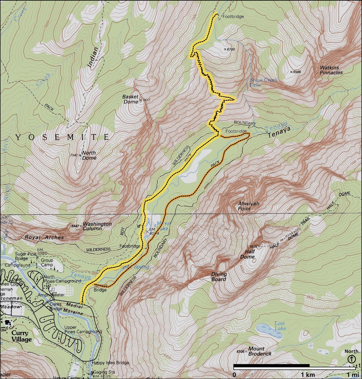 Map showing the trail past Mirror Lake (mostly flat) up the numerous switchbacks to the top of Snow Creek switchbacks, gaining a few thousand feet.