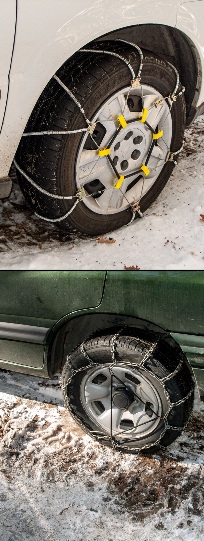 Photos of two tires, one with cables and one with chains
