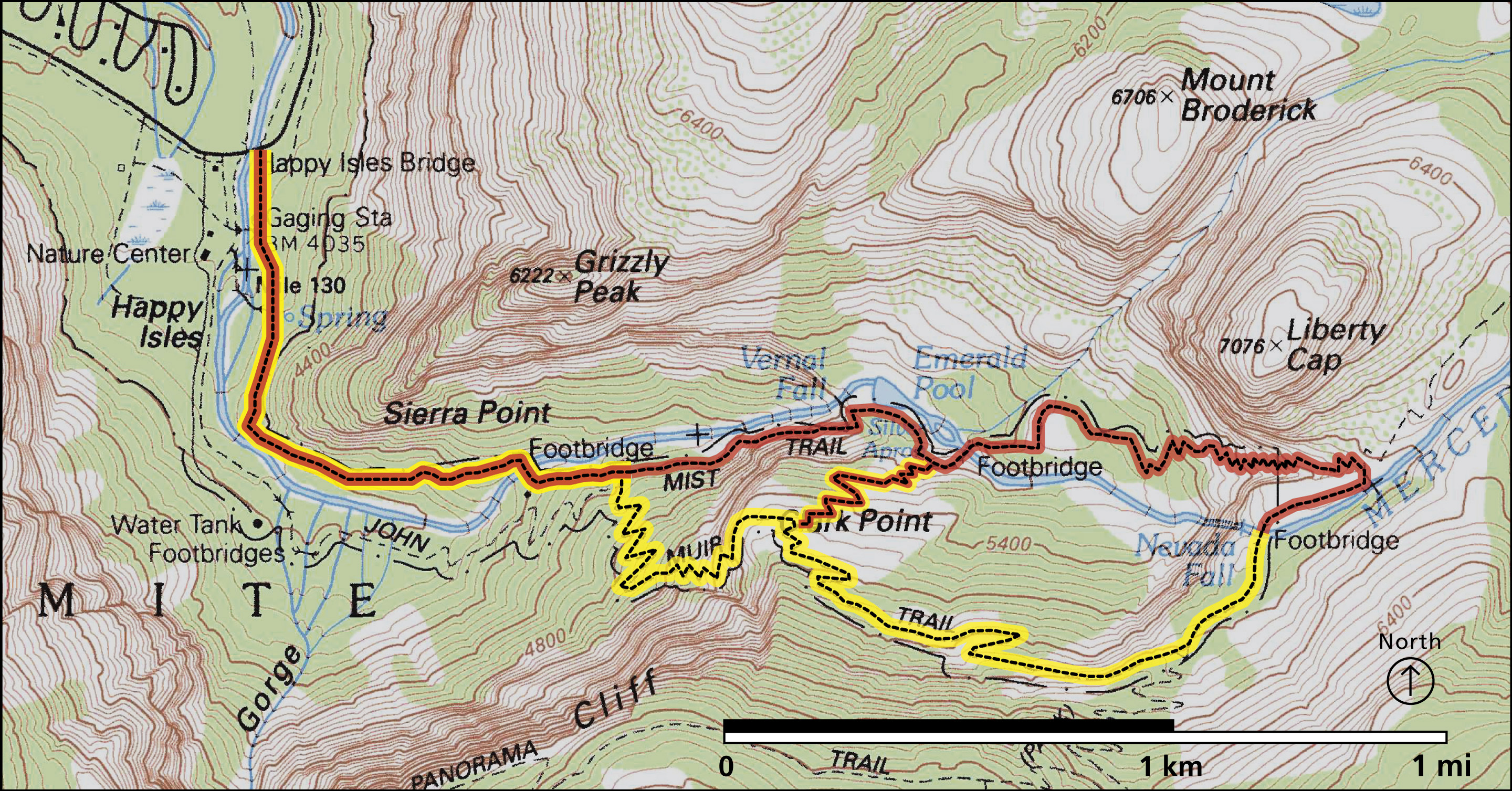 Map showing trails to the tops of Vernal and Nevada Falls, a series of loops that gain at least 2,000 feet (to Nevada Fall)