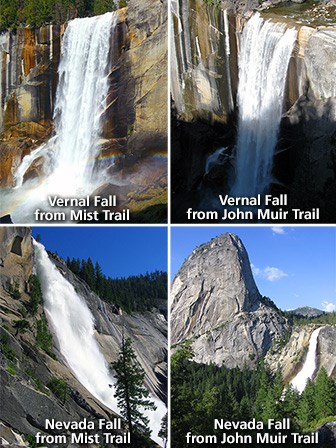 Views of Vernal Fall and Nevada Fall from each trail