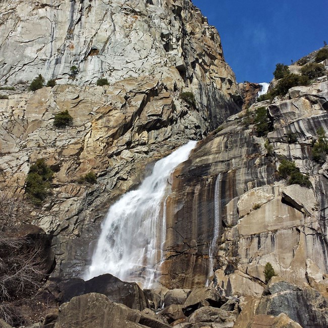 Wapama Falls cascades down a cliff